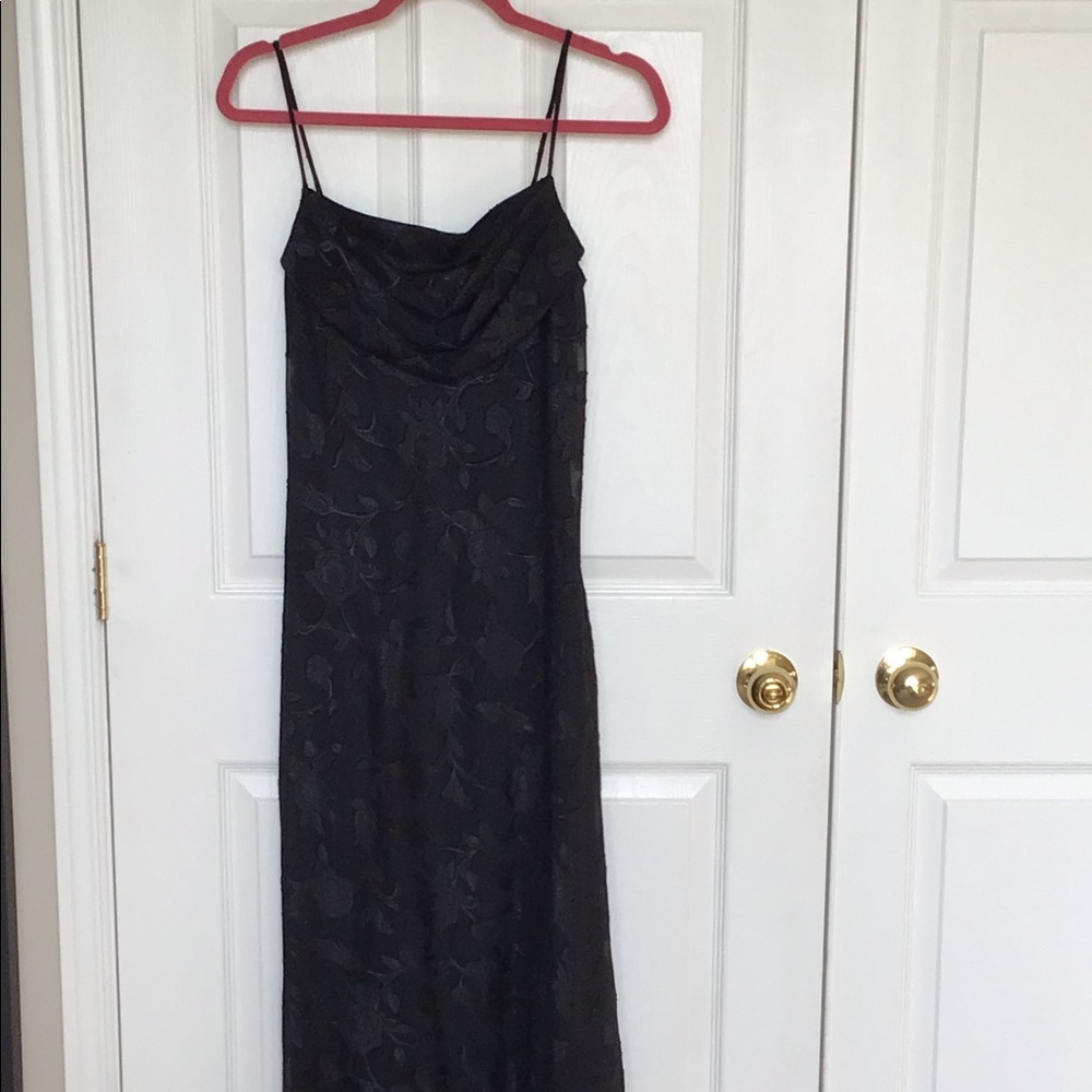 Long black spaghetti strap dress with flower design. Cow neck, NWT.